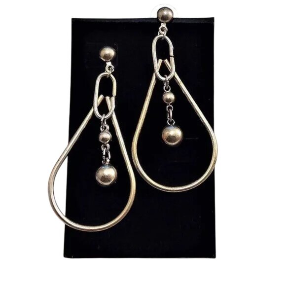 2 1/2" Teardrop Bead Hoop Pierced Post Earrings Vintage Aged Gold Tone - Picture 6 of 6